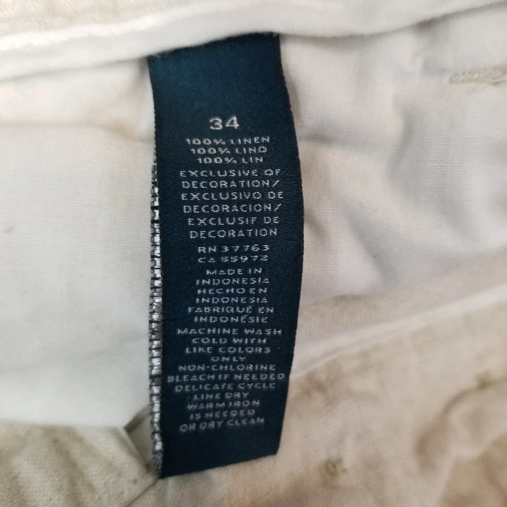 Perry Ellis Pants Mens 35 Beige‎ 100% Linen Drawstring Flat Front Casual Resort